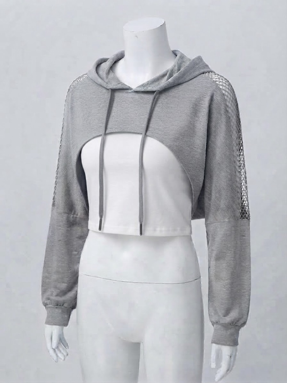 H&M Light Gray Cropped Hooded Top With Mesh Back
